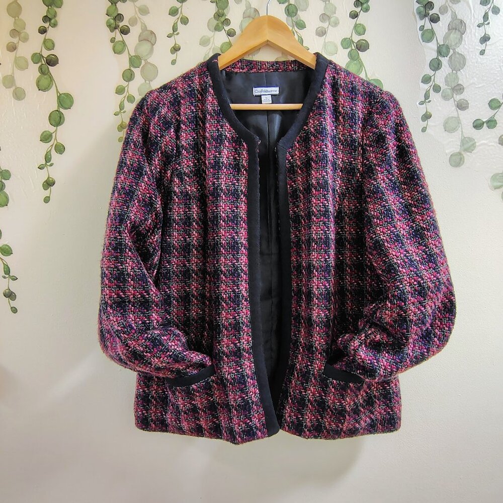 Croft & Barrow Pink Black Tweed Jacket Blazer XL Open Front Career Classic